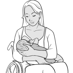 Illustration Frau im Rollstuhl hält Baby vor sich im Arm, es trinkt an der Brust