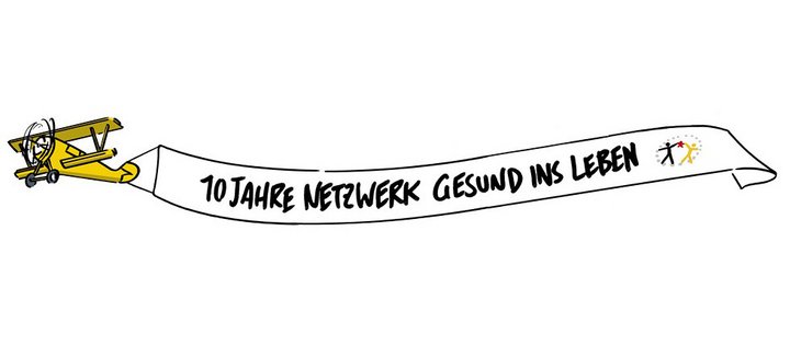 Illustration Flugzeug mit Banner 10 Jahre Netzwerk Gesund ins Leben