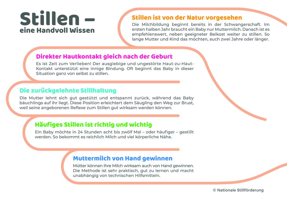 Stillen - eine Handvoll Wisssen. 1. Stillen ist von der Natur vorgesehen. 2. Direkter Hautkontakt gleich nach der Geburt. 3. Die zurückgelehnte Stillhaltung. 4. Häufiges Stillen ist richtig und wichtig. 5. Muttermilch von Hand gewinnen.