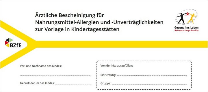 Teil der ärztlichen Bescheinigung für Nahrungsmittel-Allergien und -Unverträglichkeiten zur Vorlage in Kindertagesstätten mit Feldern zum Ausfüllen