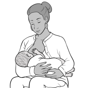 Illustration Frau hält Baby vor sich im Arm, es trinkt an der Brust