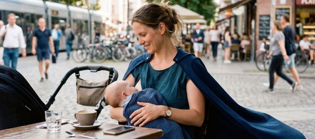 Eine Frau stillt ein Baby in einer Fußgängerzone. Sie trägt einen dunkelblauen Umhang.