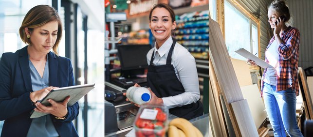 Drei Frauen in verschiedenen beruflichen Kontexten: im Büro, an der Supermarkt-Kasse, in der Schreinerei