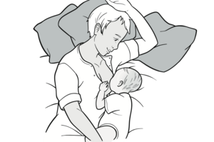 Illustration Frau liegt auf der Seite im Bett, Baby vor ihrem Bauch, es trinkt an der Brust
