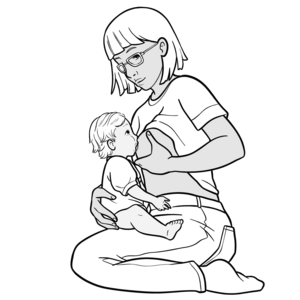Illustration kniender Frau, Baby sitzt auf dem Schoß mit gespreizten Beinen und trinkt an der Brust