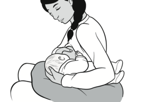 Illustration Frau sitzt mit Baby seitlich neben sich unter dem Arm, es trinkt an der Brust