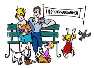 Frau mit Mann und Kindern auf Parkbank stillt ein Baby, Banner zeigt #stillenwillkommen