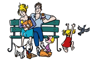Illustration Frau sitzt mit Mann auf Parkbank und still, weitere Kinder und Hund toben herum