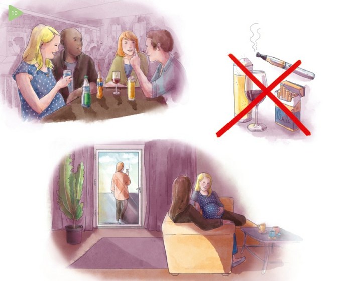 Zeichnung Trinken Sie während der Schwangerschaft keinen Alkohol. Rauchen Sie in der Schwangerschaft nicht und halten Sie sich nicht in Räumen auf, in denen geraucht wird oder wurde.