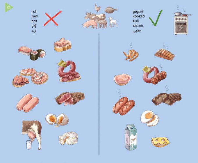 Zeichnung Verzehren Sie in der Schwangerschaft keine rohen tierischen Lebensmittel wie rohes Fleisch, rohen Fisch, Rohmilch(-produkte) und rohe Eier. Garen Sie alle rohen tierischen Produkte gut durch.